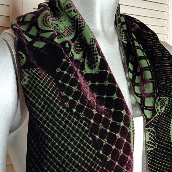 Dana Herbert Dark Purple Green Flocked Velvet Geometric Baroque Print Scarf 60" - Picture 4 of 12